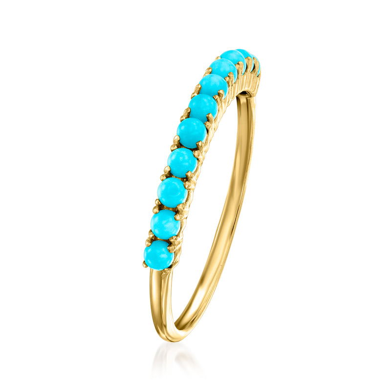 14kt yellow gold hoop ring with turquoise bead row, side view
