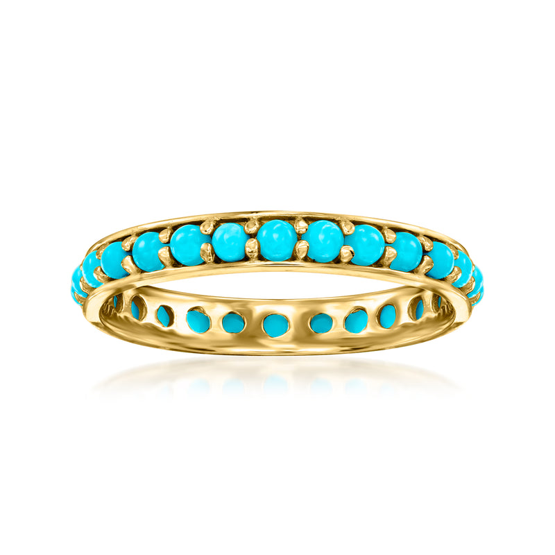 14kt yellow gold eternity band with turquoise oval stones in gold bezels