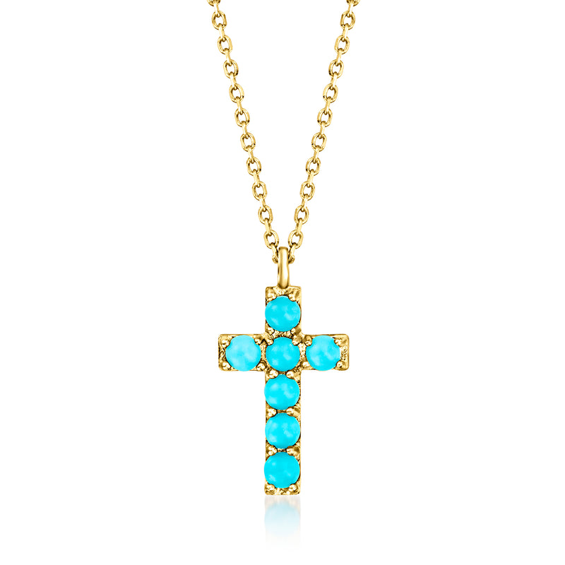 14kt yellow gold cross pendant necklace with turquoise stone accents