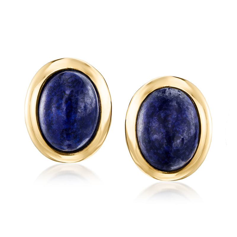 Oval lapis cabochon stud earrings in 14kt yellow gold bezel