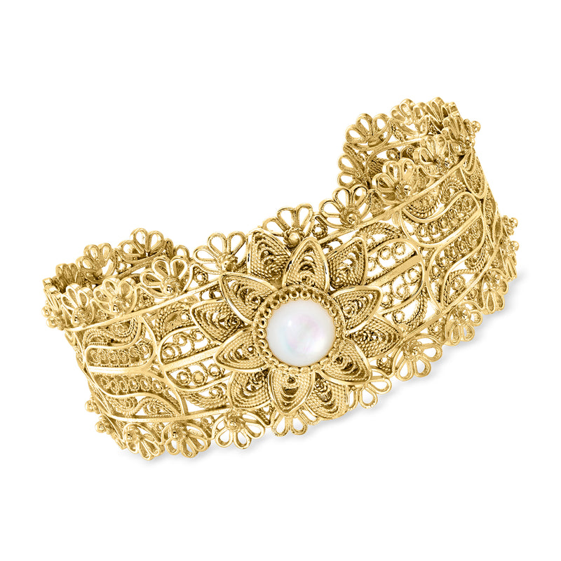 18kt gold over sterling filigree cuff bracelet with floral motifs and white pearl