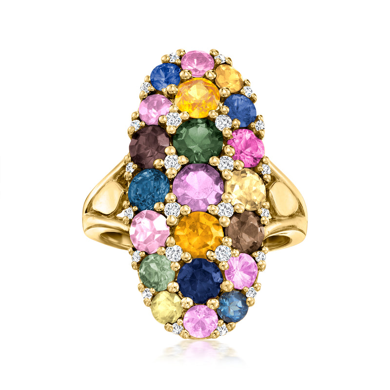 Multicolored sapphire and diamond ring in 14kt yellow gold, oval cluster design