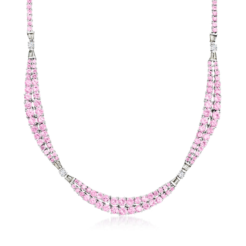Pink sapphire and diamond tennis necklace, 14kt white gold prong-set row