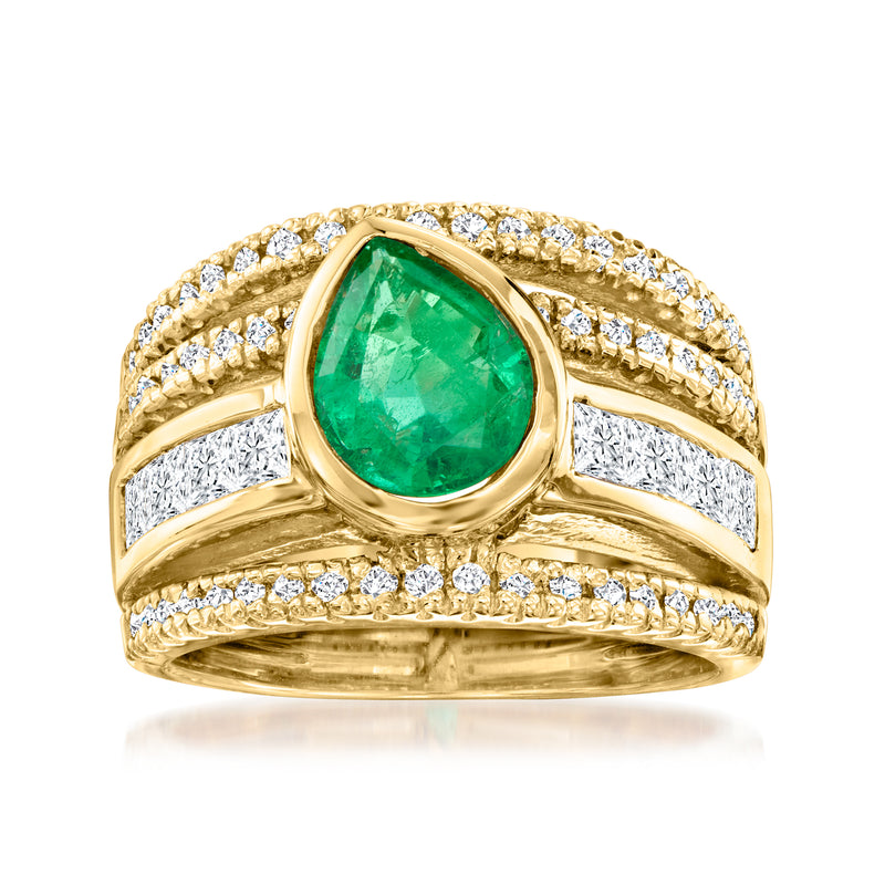 Yellow gold ring with oval green emerald center and diamond halo and pave bands