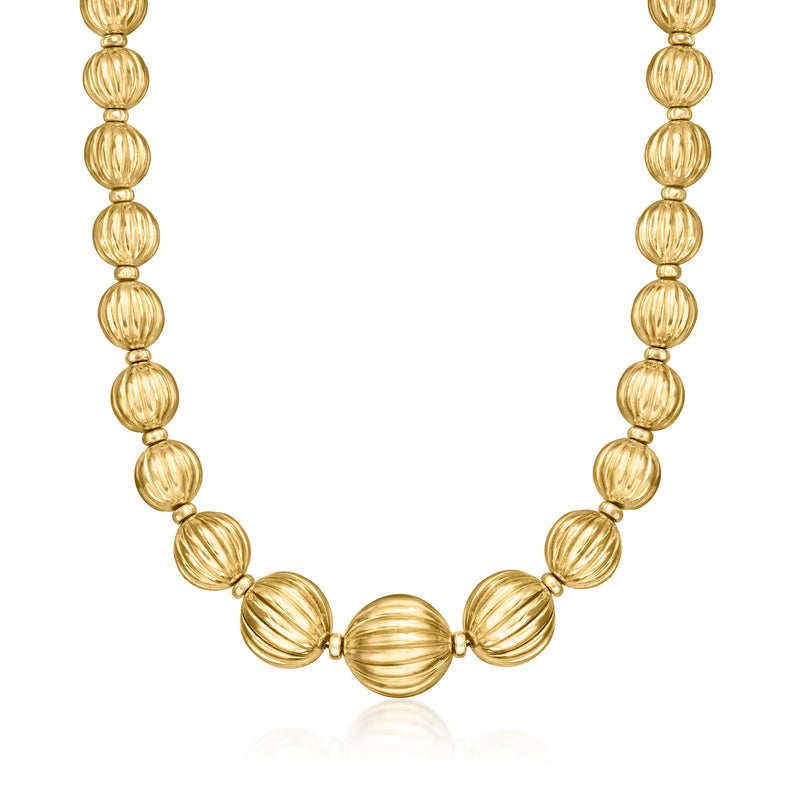 18kt gold over sterling graduated fluted bead necklace with round ribbed beads
