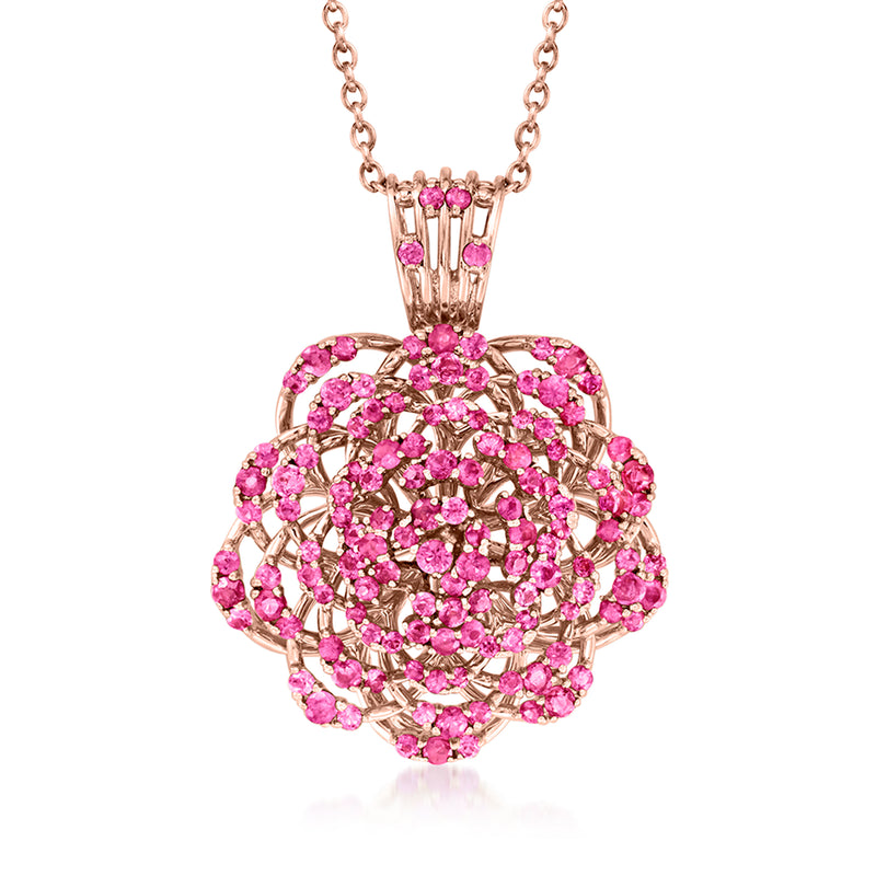 Rose gold pendant necklace with pink sapphire flower cluster center