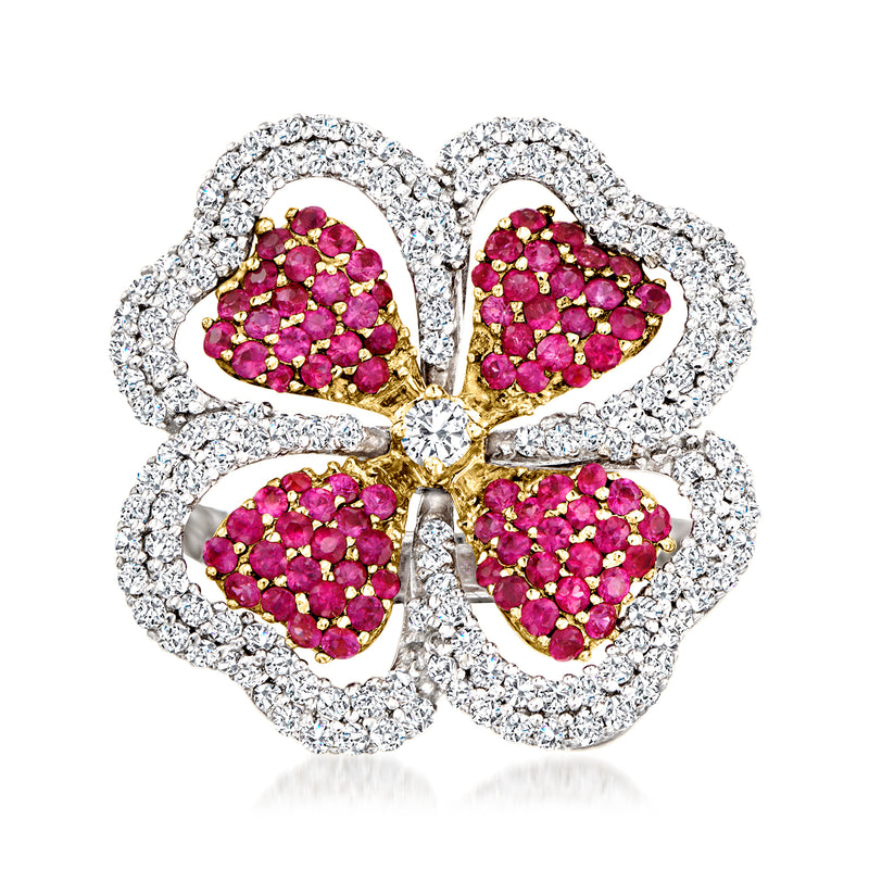 Ruby and diamond flower ring in two-tone gold