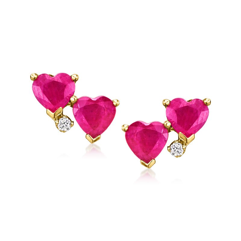 Ruby heart stud earrings with diamond accents, 14kt yellow gold post backs