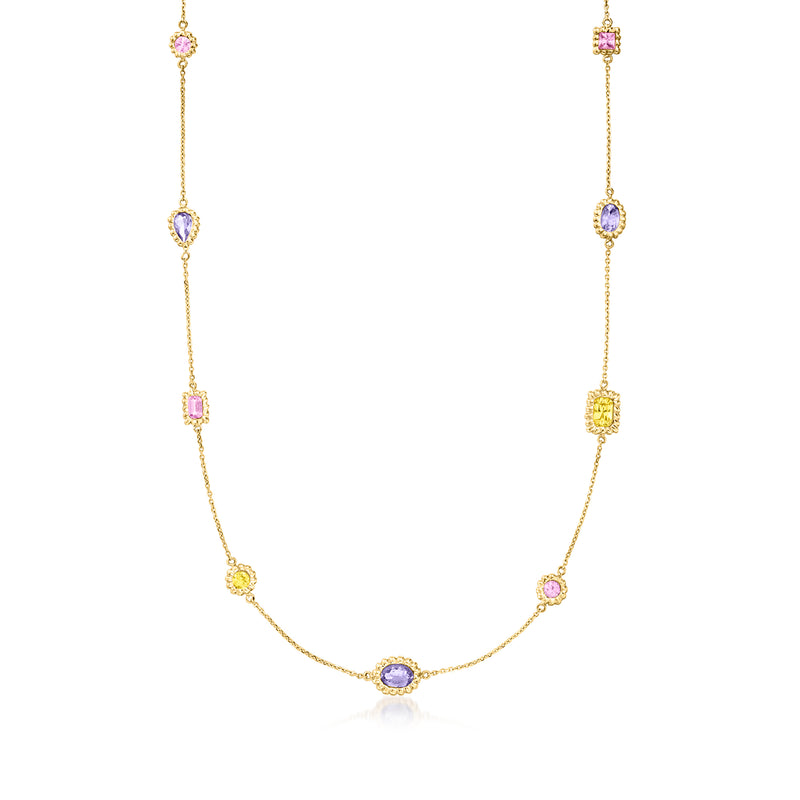 14kt yellow gold station necklace with oval purple and pink gemstones and small round accents