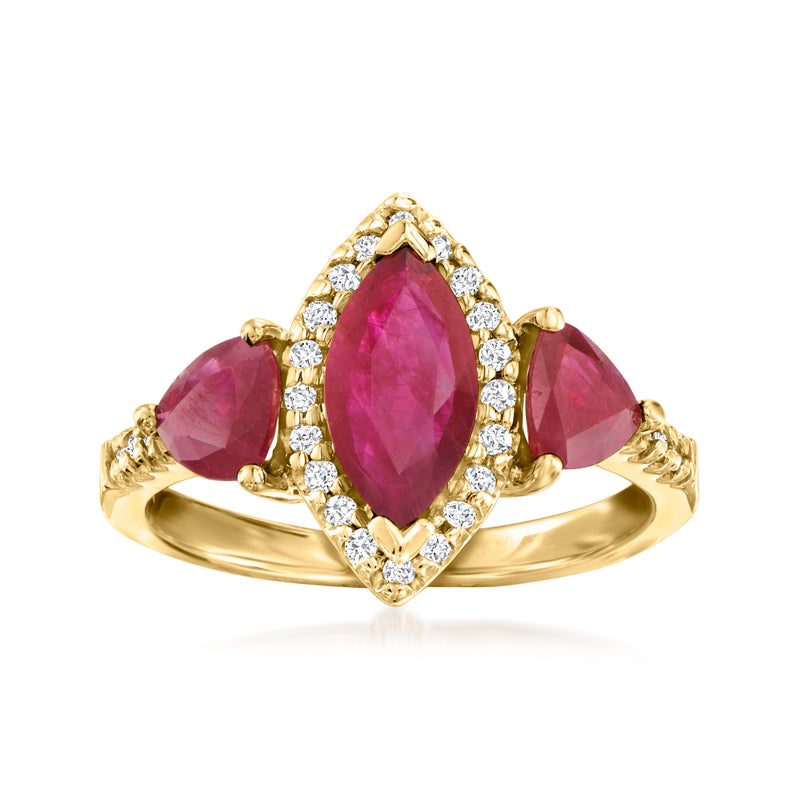 14kt yellow gold ring with oval pink ruby center and diamond halo