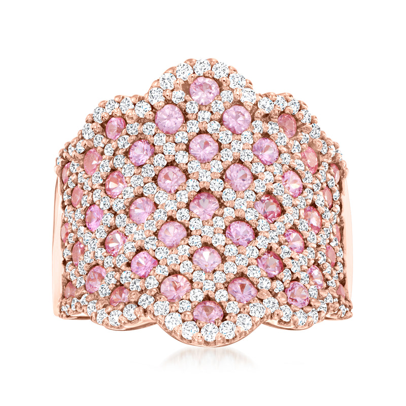 14kt rose gold cluster ring with pink sapphires and white diamonds, heartlike top