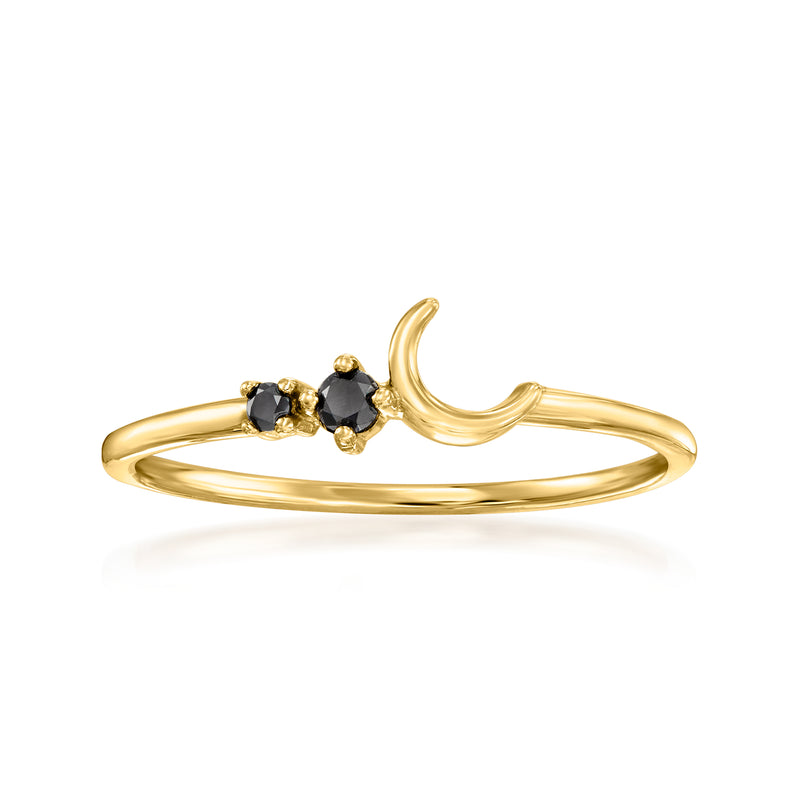 14kt yellow gold moon ring with black gemstone accents