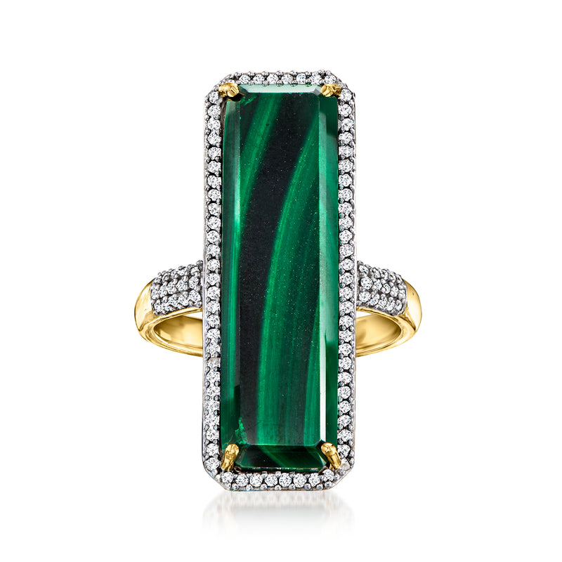 Malachite ring with rectangular stone, white topaz halo, and gold band