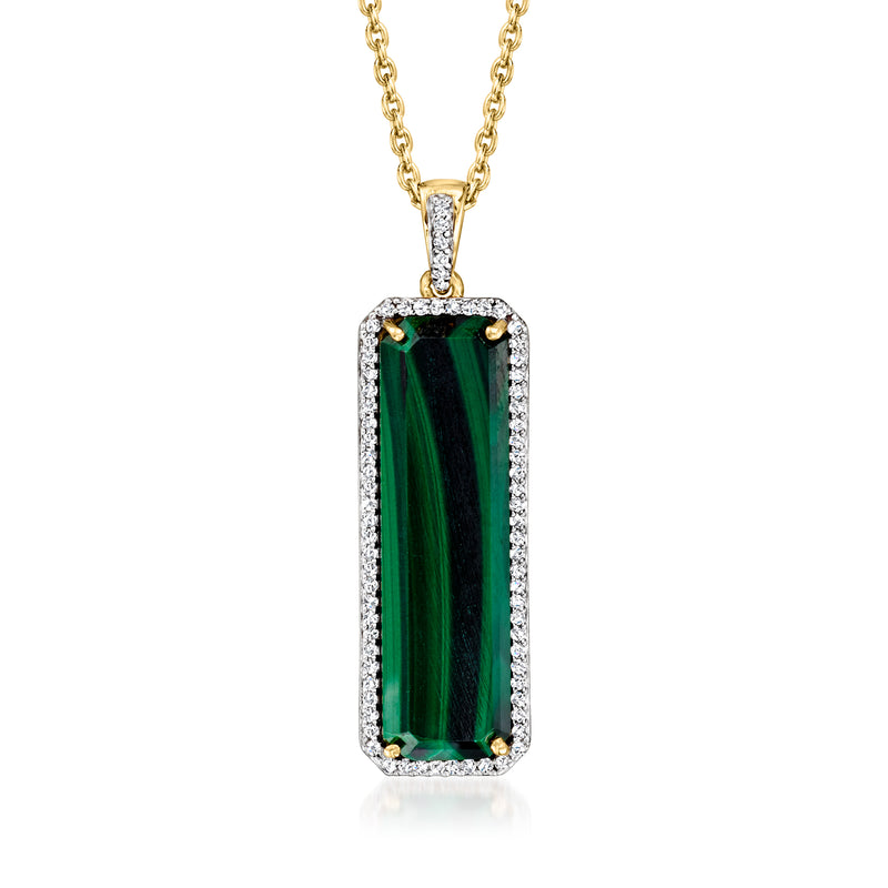 Rectangular malachite pendant with green center, white topaz halo, on gold-tone chain
