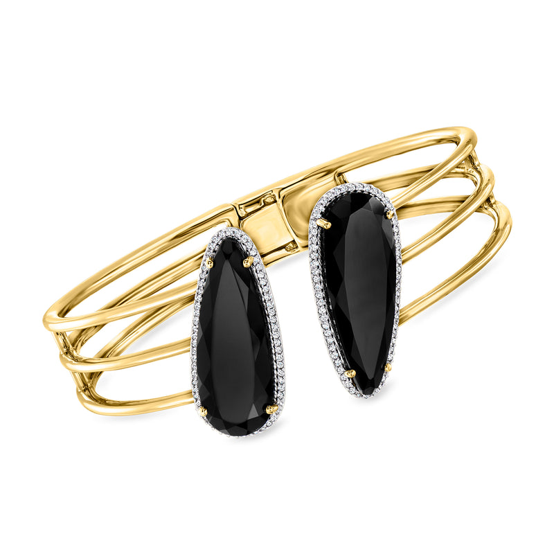 Gold over sterling cuff bracelet with two oval black stones and white sparkle halos