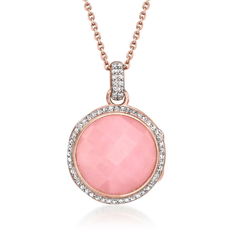 Rose gold locket necklace with pink oval cabochon and white stone halo