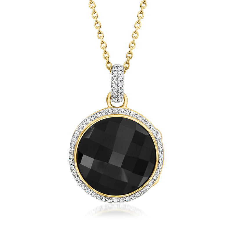 18kt gold over sterling locket necklace with round black gemstone and white topaz halo