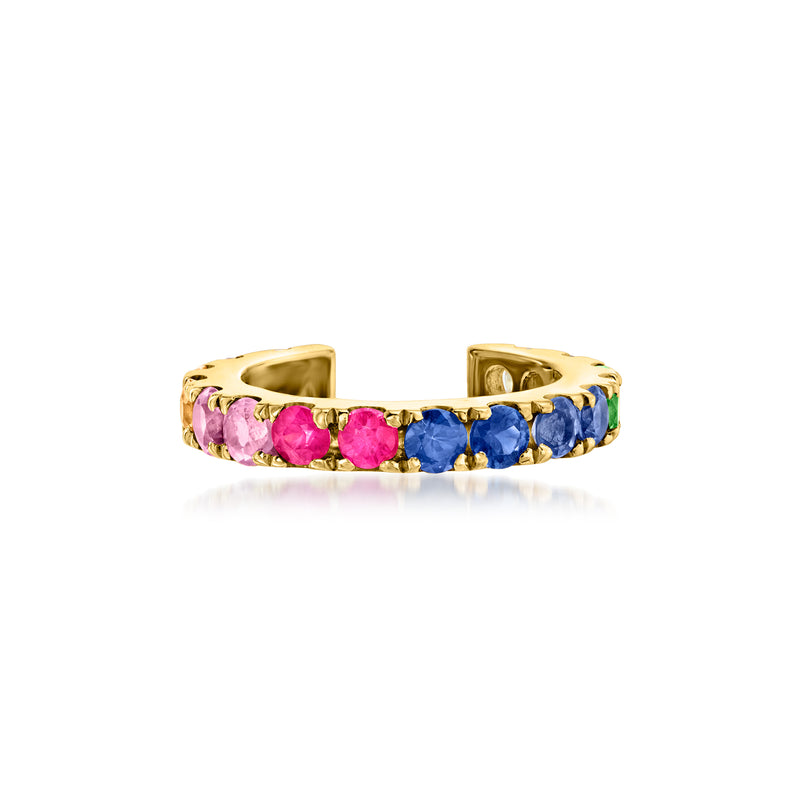 14kt yellow gold ear cuff with multicolor gemstone rows, hinged design
