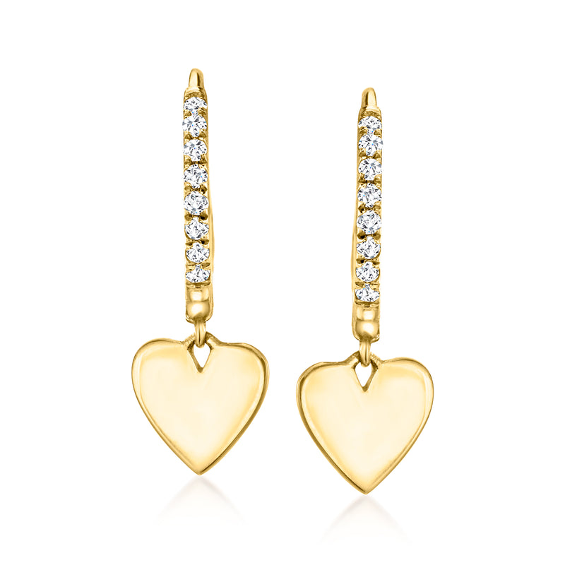 14kt yellow gold hoop drop earrings with heart dangle and diamond accents