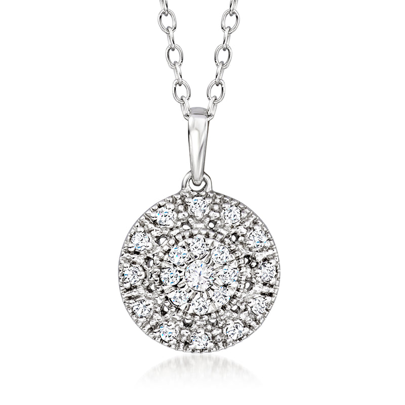 Sterling silver round diamond cluster pendant with central stones and halo