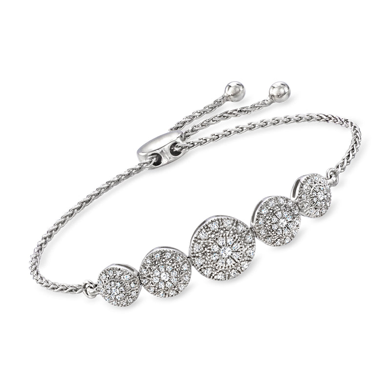 Sterling silver diamond cluster bolo bracelet, five round pave discs on chain