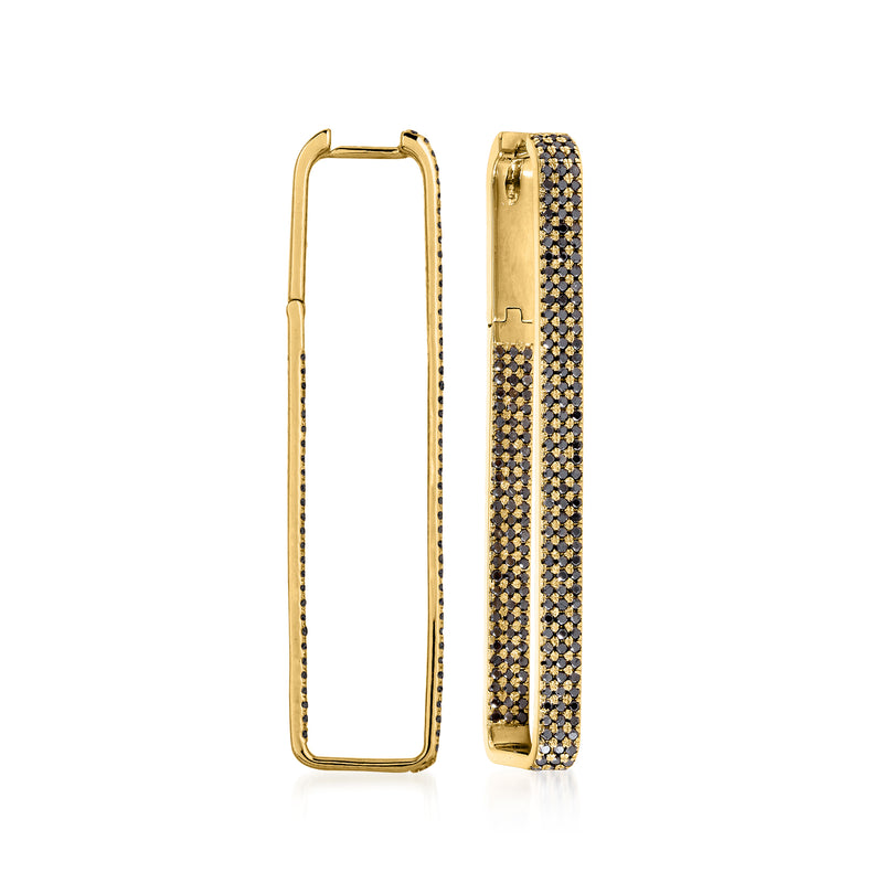 Rectangular hoop earrings in 14kt yellow gold with black diamonds