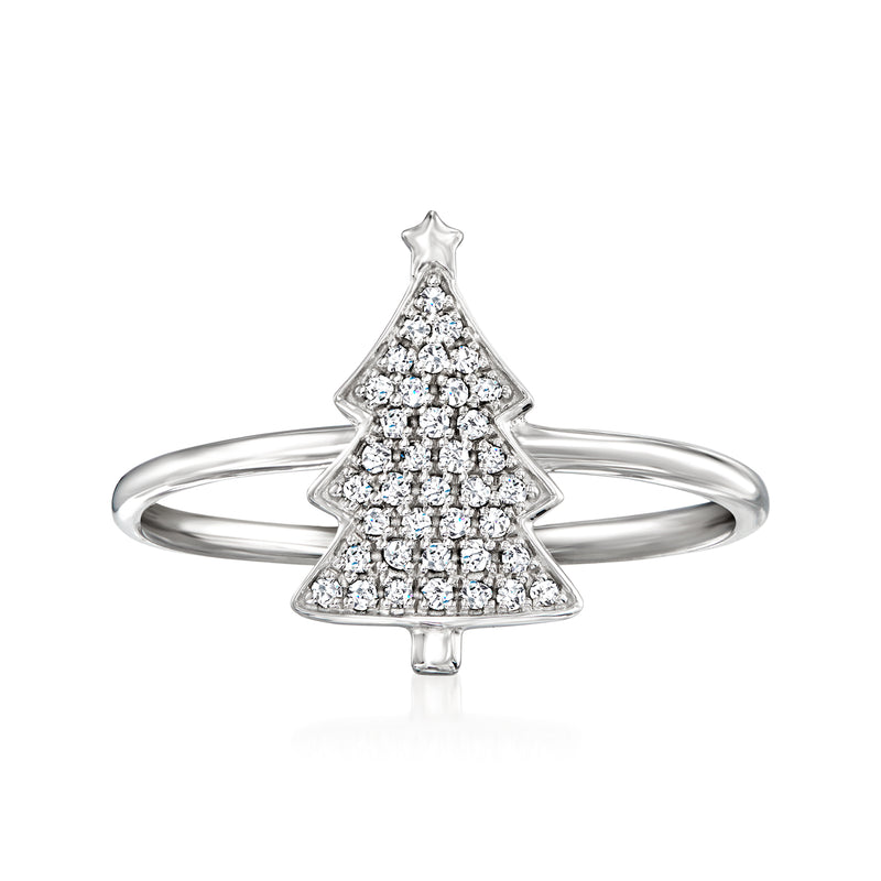 Sterling silver diamond Christmas tree ring with split band and tree-shaped stones