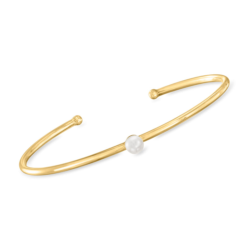 14kt yellow gold cuff bracelet with a single 5–5.5mm white cultured pearl