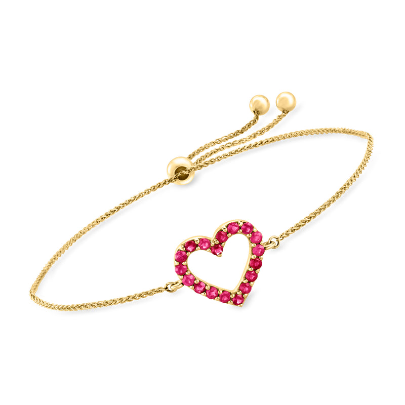14kt yellow gold bolo bracelet with ruby heart pendant and adjustable chain