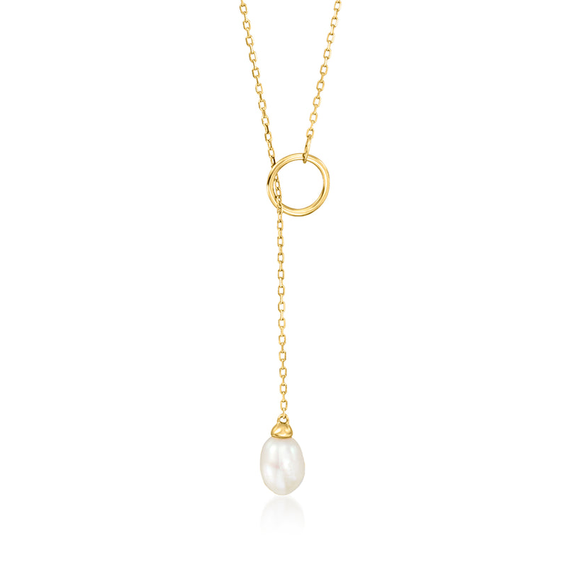 14kt yellow gold lariat necklace with open ring charm and white cultured pearl drop
