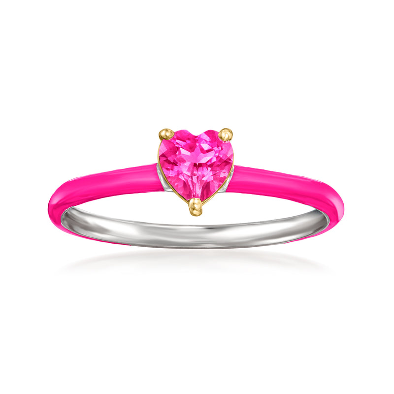 Heart ring with pink enamel band, pink topaz heart center in gold prongs, sterling silver
