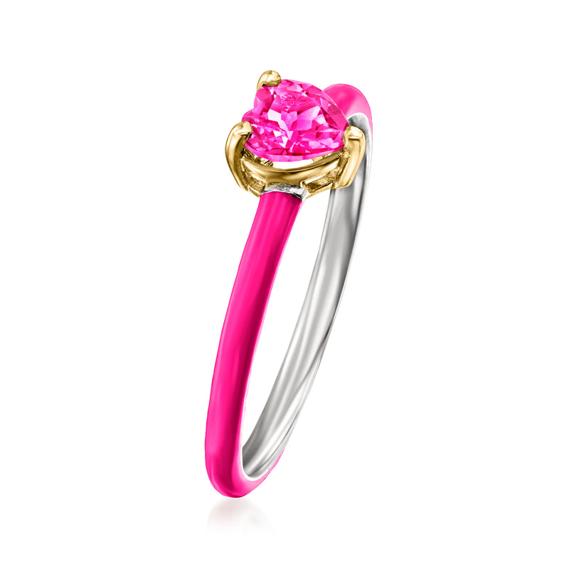 Heart-shaped pink topaz ring with gold prongs, pink enamel inlay, sterling silver shank