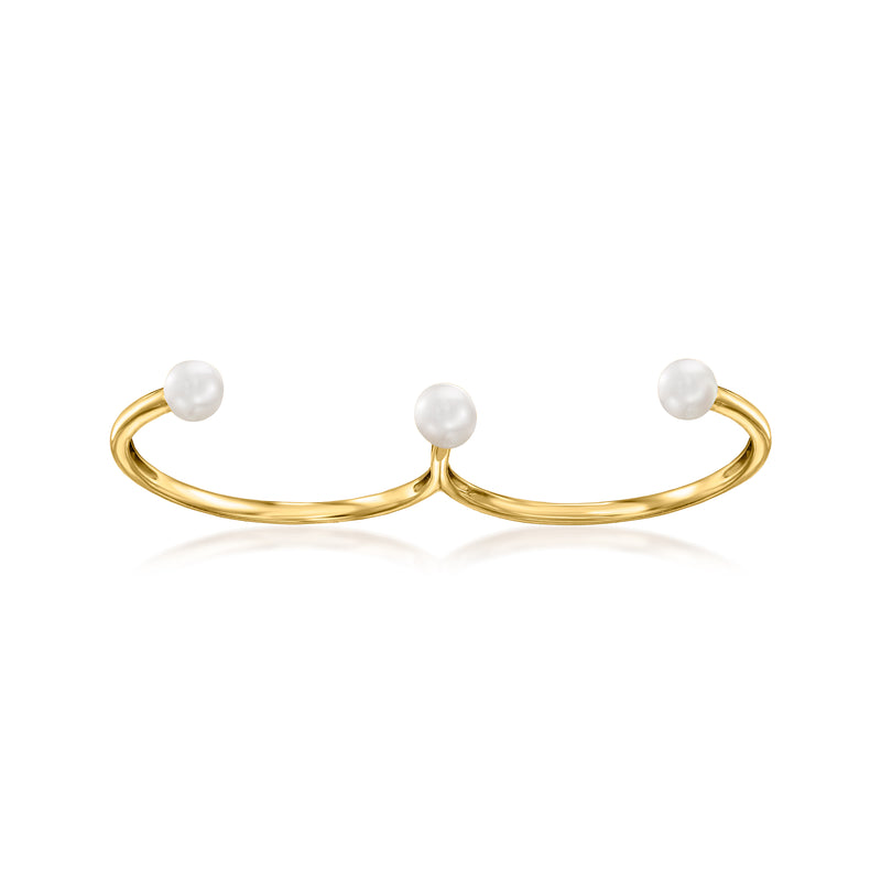 14kt yellow gold two-finger ring with two 3.5–4mm cultured pearls on prongs