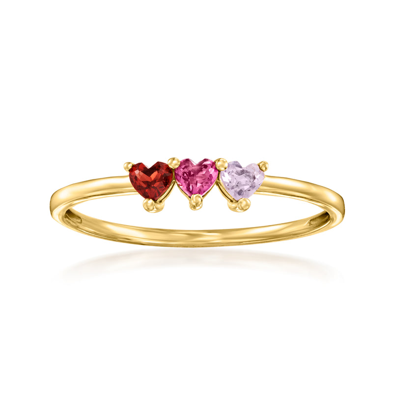 14kt yellow gold heart multi-gemstone ring with red, pink, and lavender heart stones