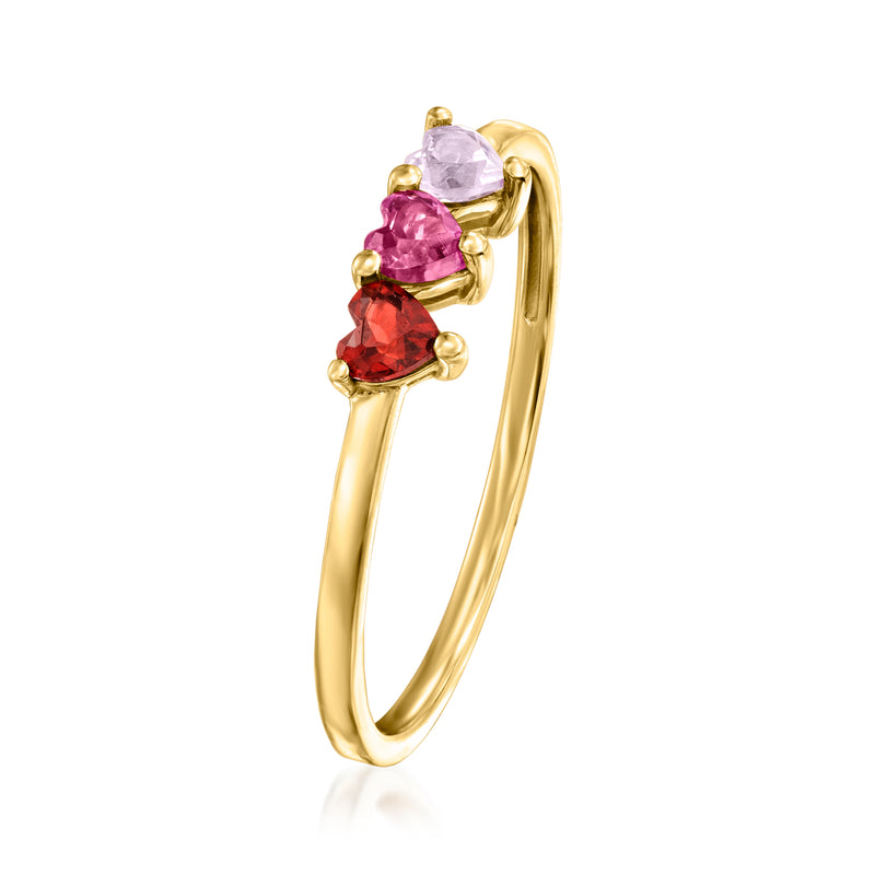 14kt yellow gold heart multi-gemstone ring with three heart stones: red, pink, light purple