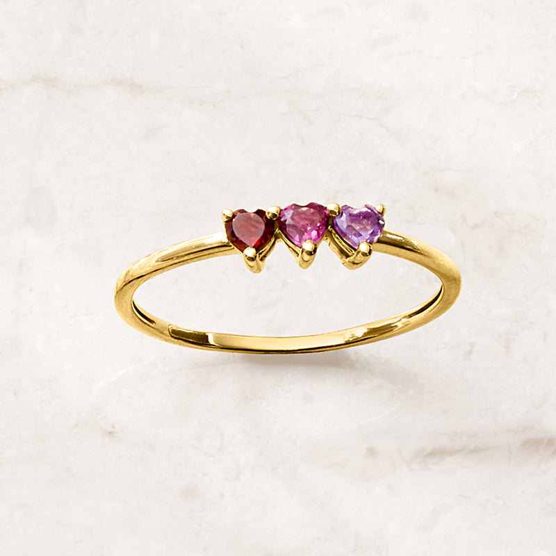Heart multi-gemstone ring in 14kt yellow gold with red, magenta, and lavender heart stones