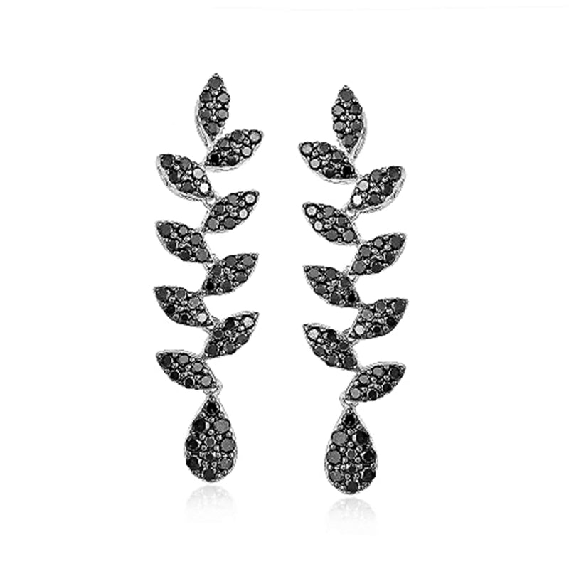 Black diamond leaf drop earrings in 14kt white gold, clustered leaf design