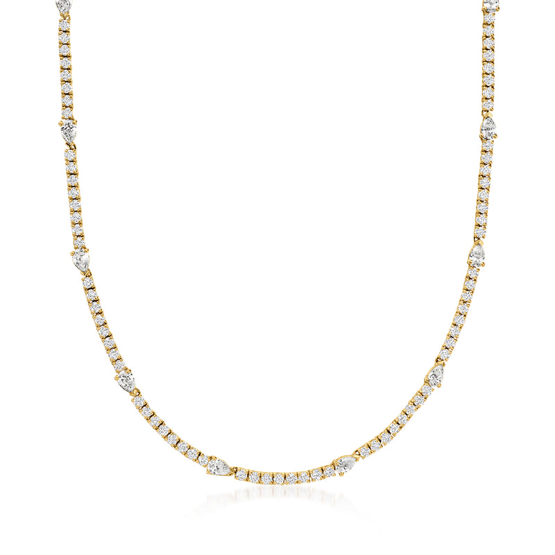 14kt yellow gold diamond tennis necklace with round and pear-shaped stones, full length