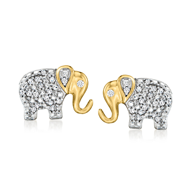 Elephant diamond stud earrings, 18k gold over sterling, sparkle pave design