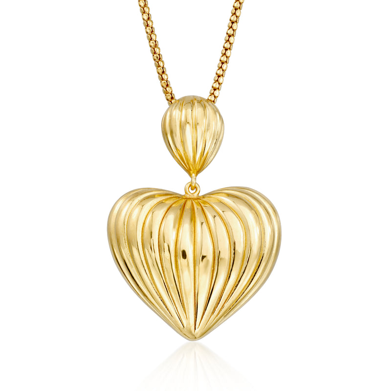 Gold over sterling puffed heart pendant necklace with ribbed heart charm