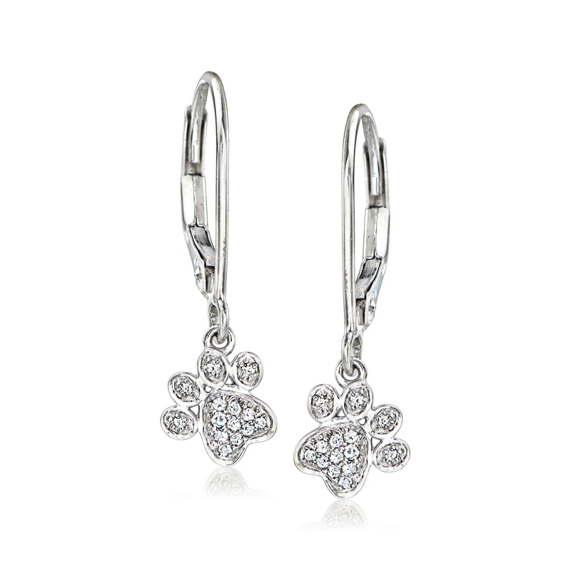 Sterling silver paw print drop earrings with leverback, sparkling crystal stones