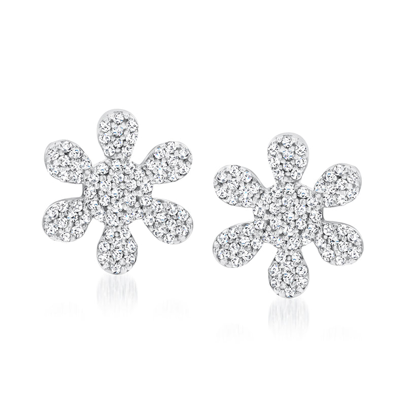 Sterling silver diamond flower stud earrings, clustered round stones on post backs