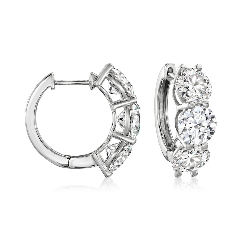 14kt white gold huggie hoop earrings with round lab-grown diamonds and 3 stones