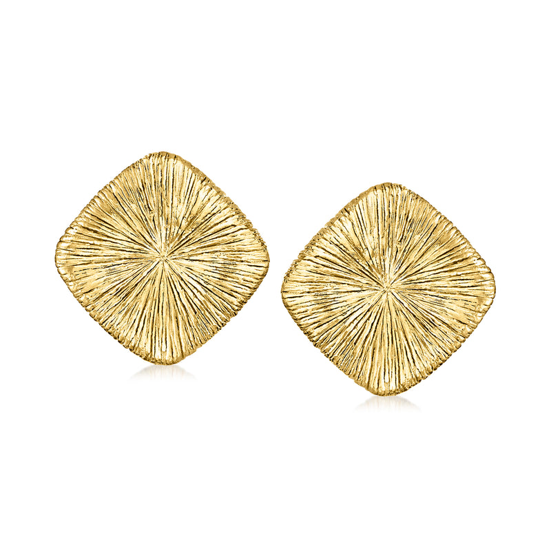 Textured square gold over sterling stud earrings with radiating sunburst pattern