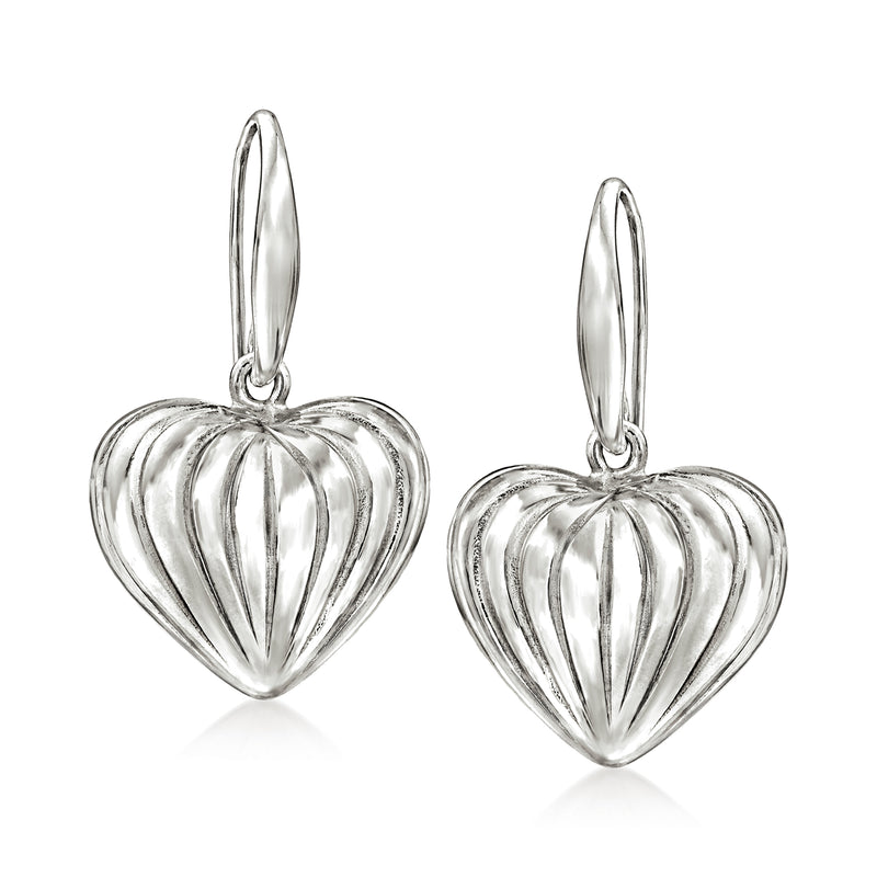 Striped heart drop earrings in sterling silver with hinged earwire, shiny polished finish