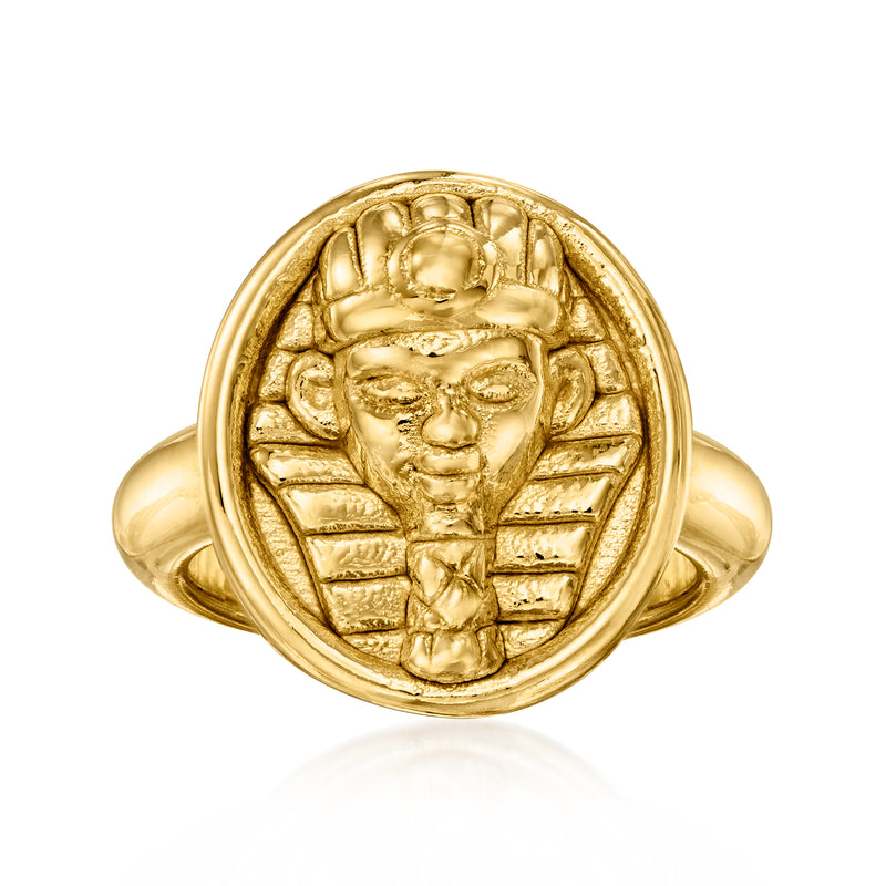 Gold-tone ring with an oval Pharaoh head medallion centerpiece