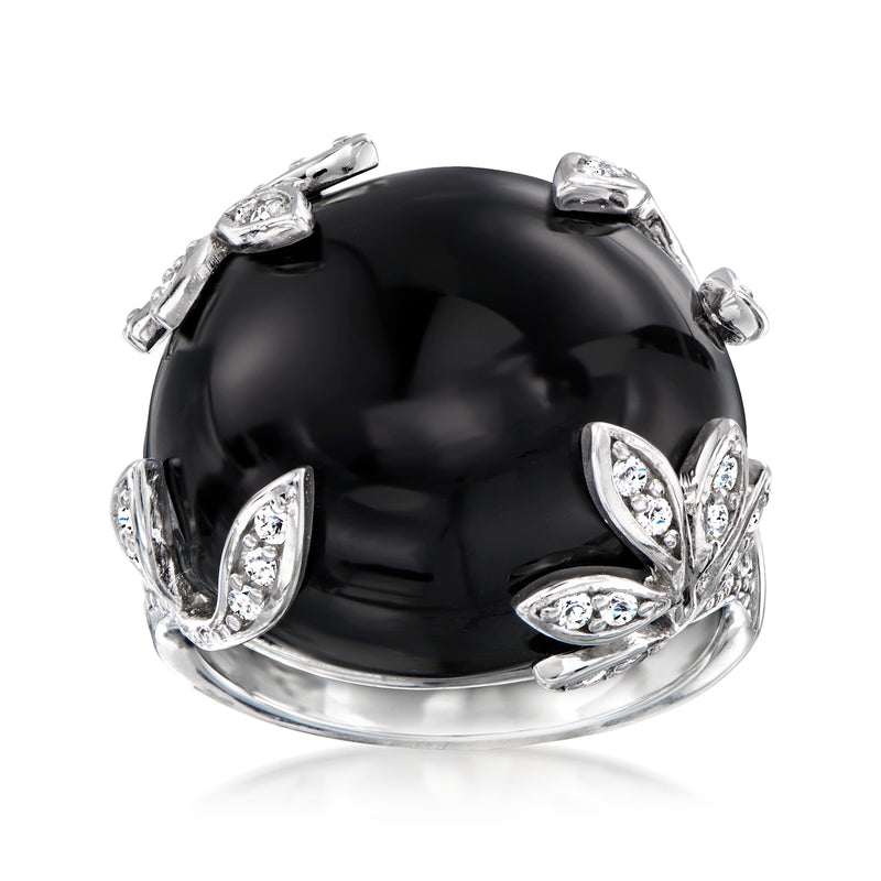 Sterling silver onyx leaf ring with black cabochon and white topaz accents