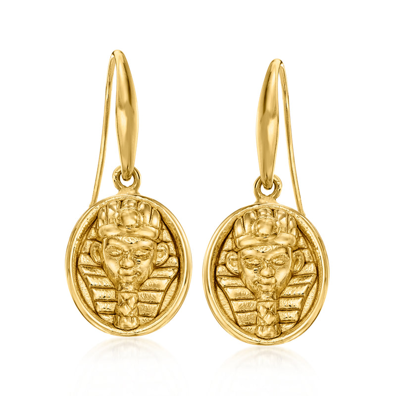 Gold-plated drop earrings with round pharaoh face medallion and hoop earwire