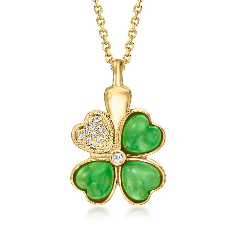 Four-leaf clover pendant necklace with green chalcedony and white topaz, gold-tone chain