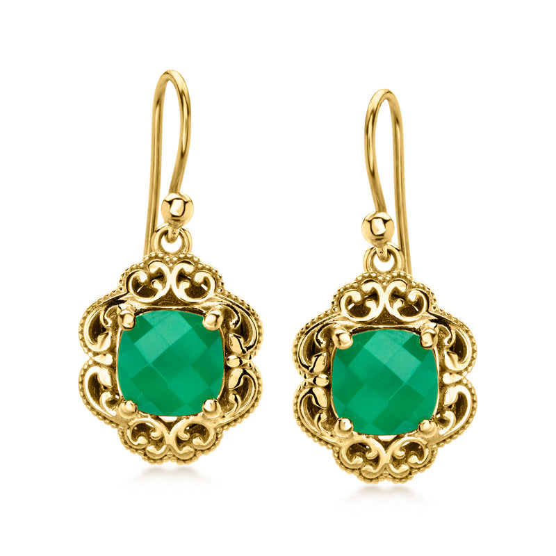 Gold filigree drop earrings with green chalcedony teardrop stones and earwires